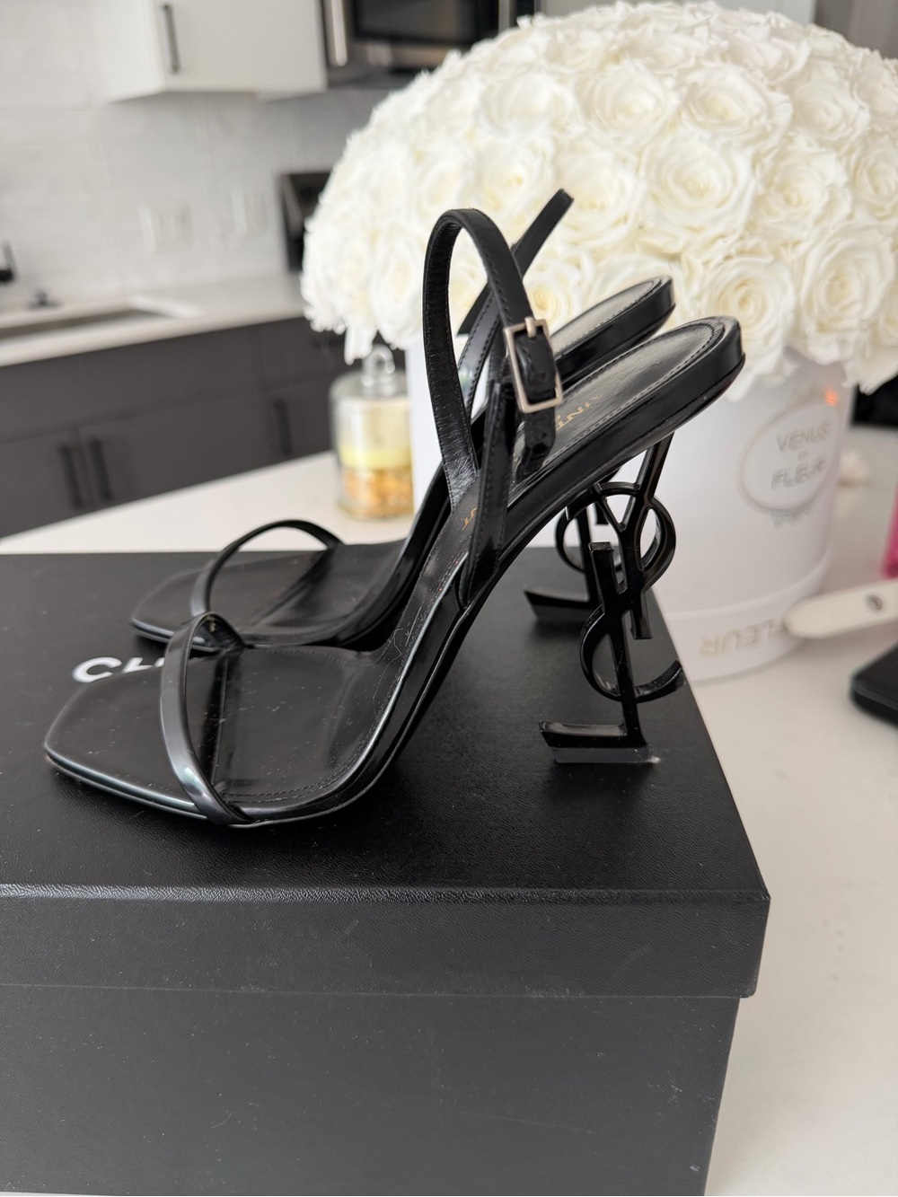 Saint Laurent Black Patent Logo Heel Slingback Sandals